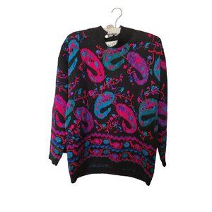 Vintage 1980s Needleworks Black Wool & Cotton Sweater Colorful Paisley Pattern M